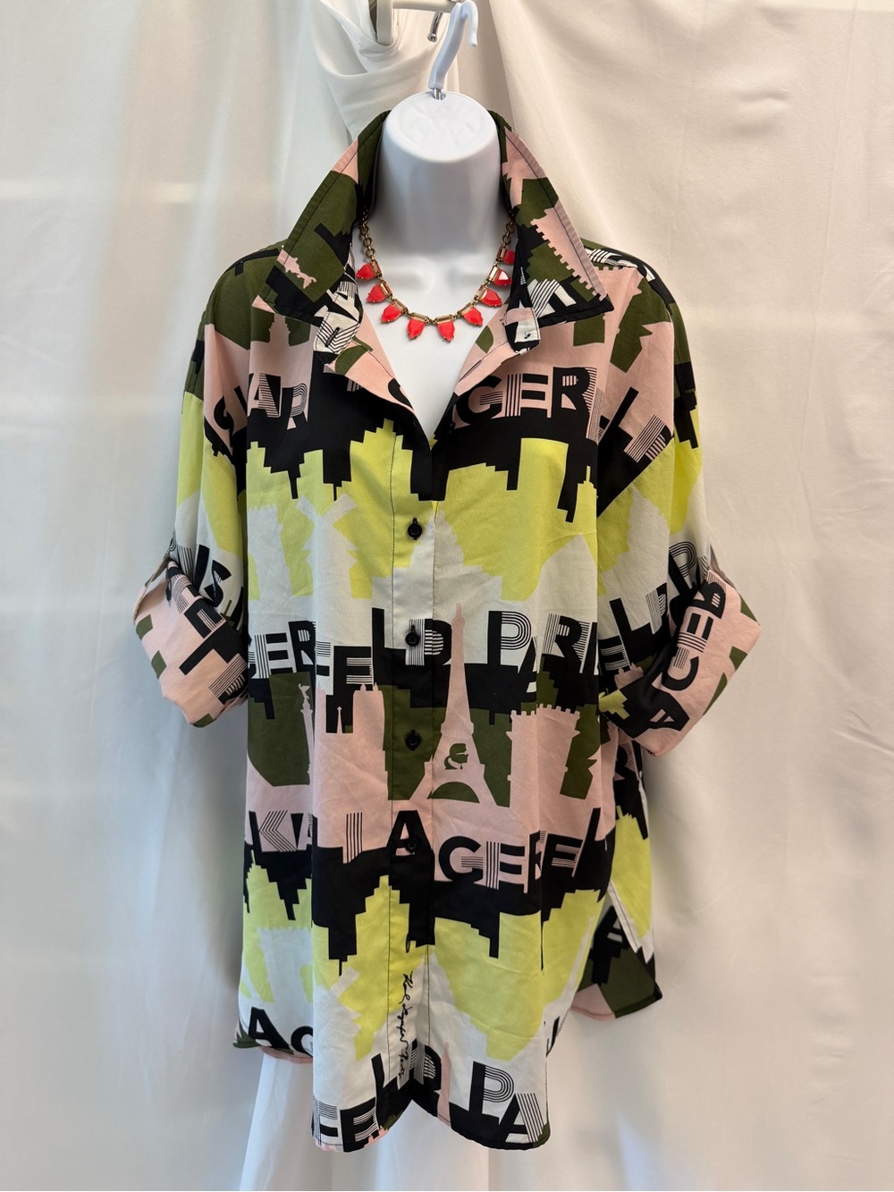Karl Lagerfeld Paris Skyline Graphic Print Button Up Tunic Blouse